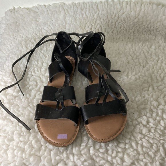 Old Navy Black Faux Leather Anke Lace Up Sandal Slides Women Size 9 Gladiator - Picture 2 of 5